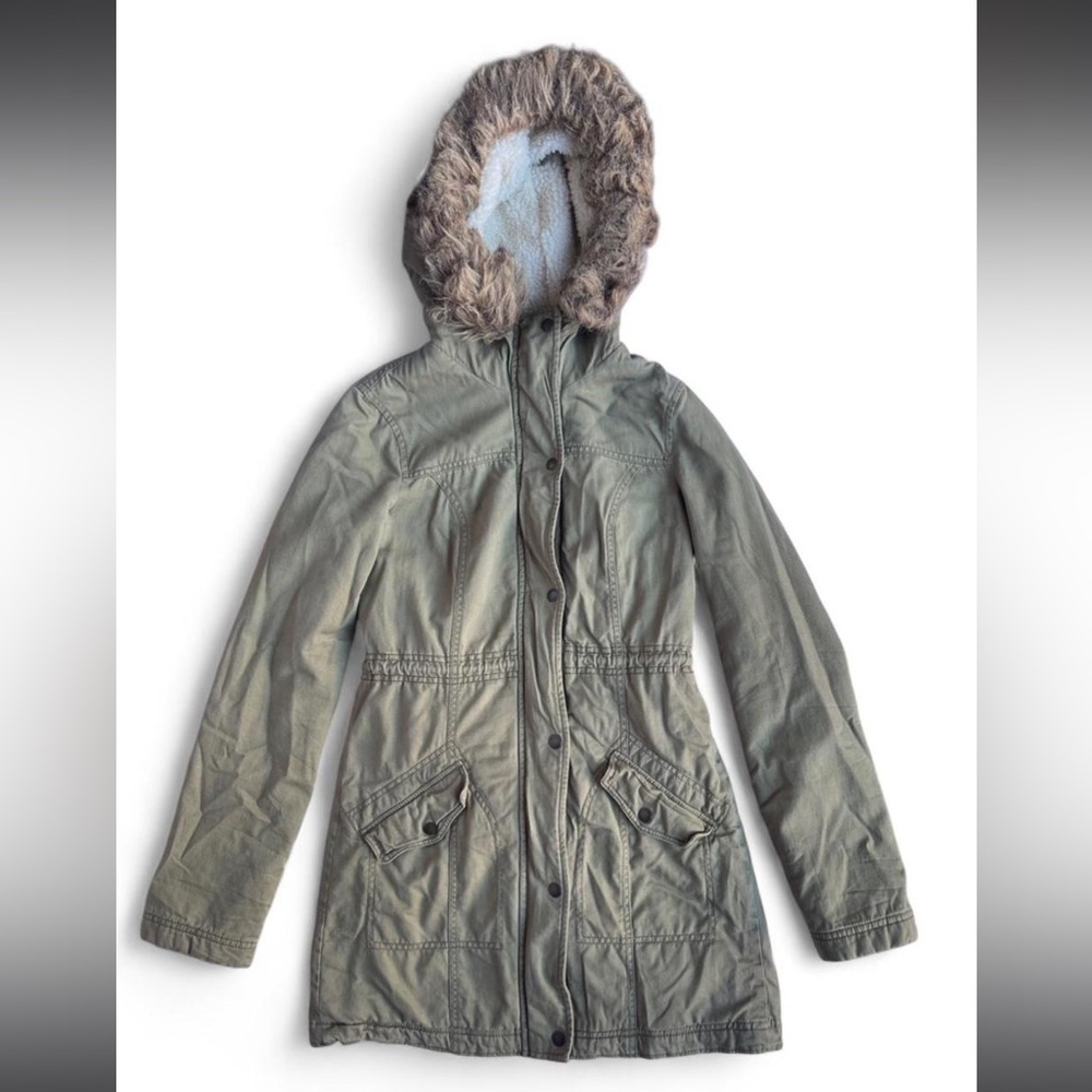 Hollister Green Parka Jacket‎ with Fur Hood